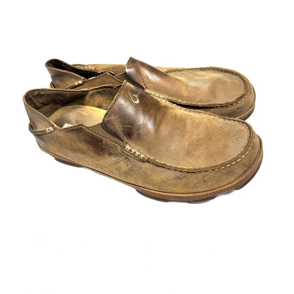 OluKai Moloa Casual Shoes Men's US 10.5 Brown Leather Moc Toe Slip-On
